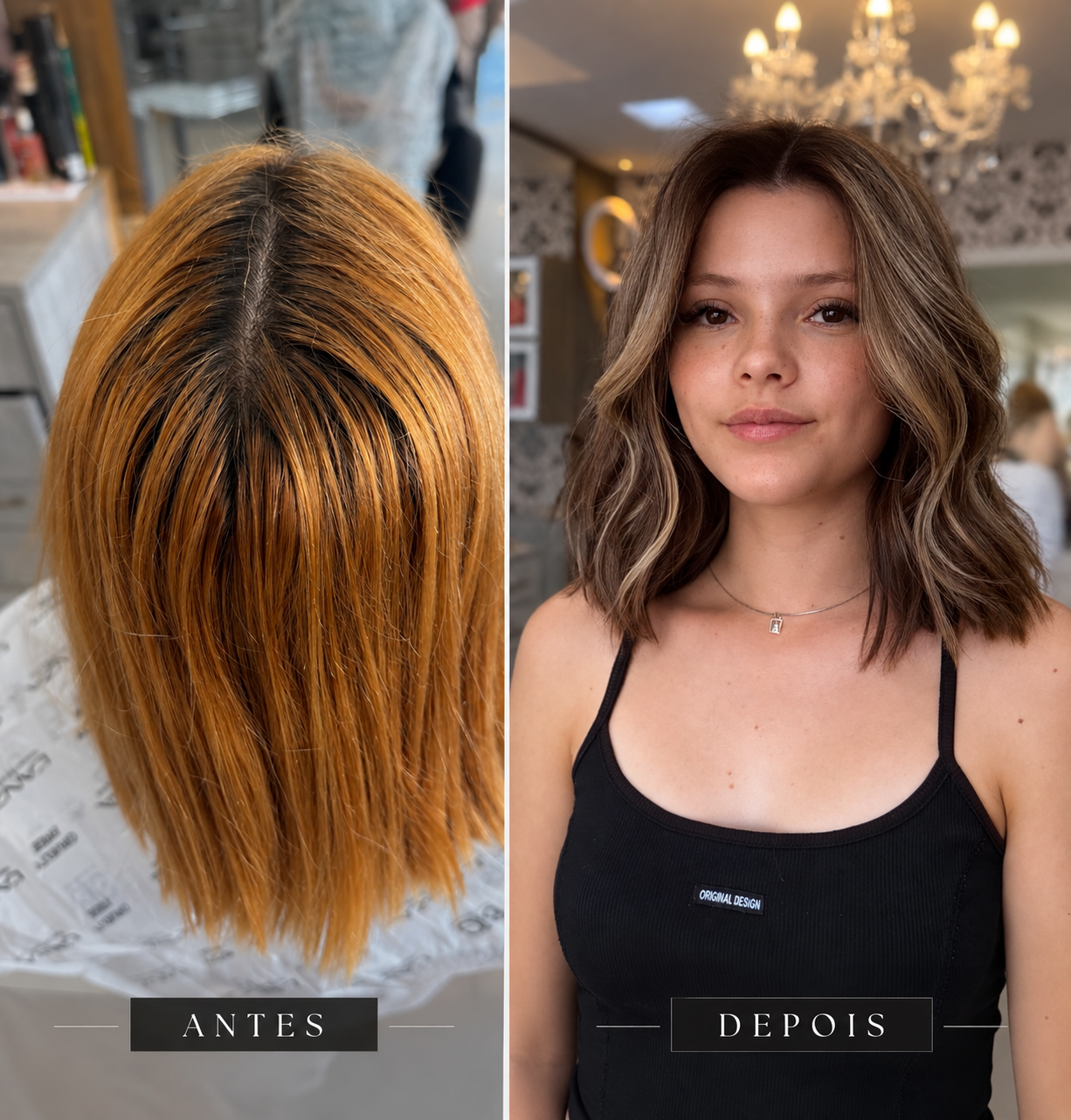 Antes e depois de uma correção de cor: de um laranja desigual para um castanho iluminado